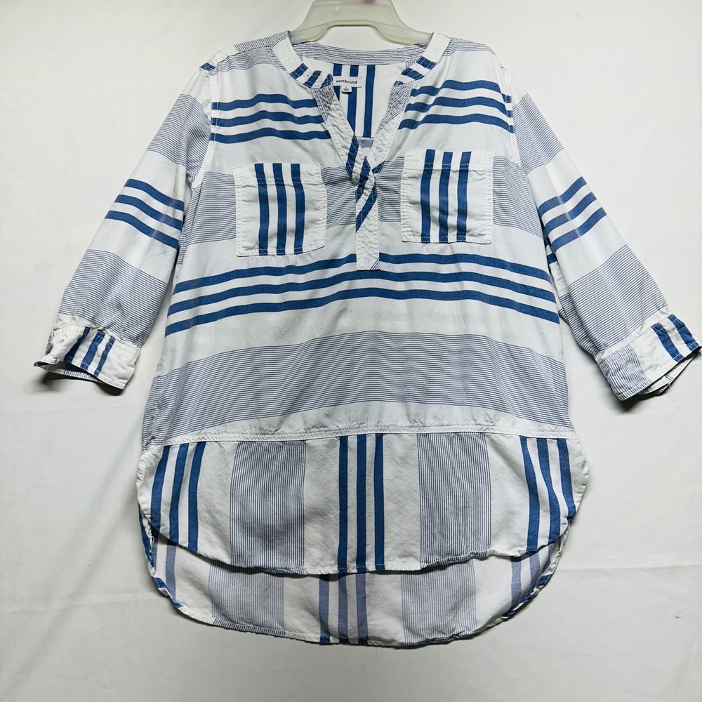 Westbound Blue White Nautical Lightweight 3/4 Sleeve Lyocell Tunic Womens Large